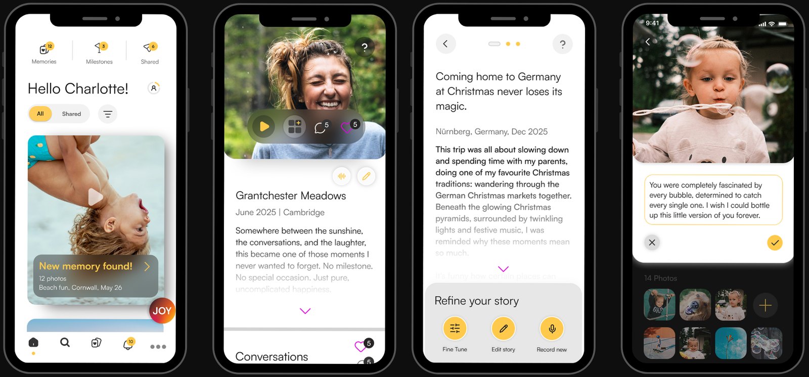 Four Yoree app screens: a personal memory feed, a memory with its story and conversations, an edited story, and a prompt asking for the context behind a photograph